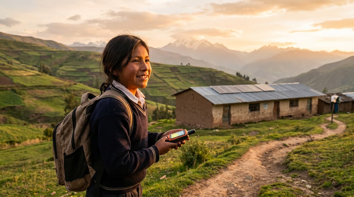 Nina rural caminando a la escuela con dispositivo de seguridad